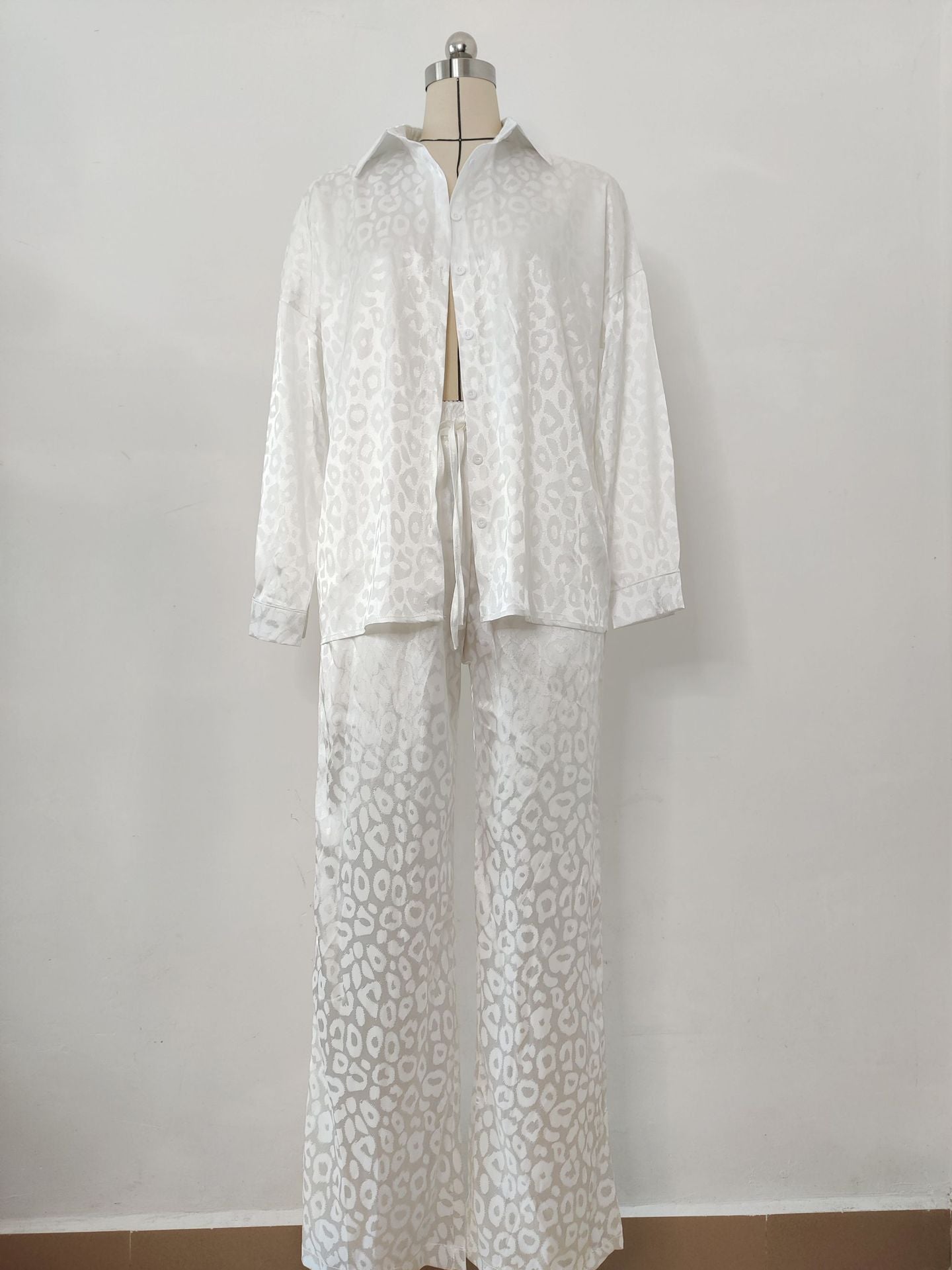 Women leopard print jacquard long-sleeved shirt and elastic waist loose trousers two-piece set 29