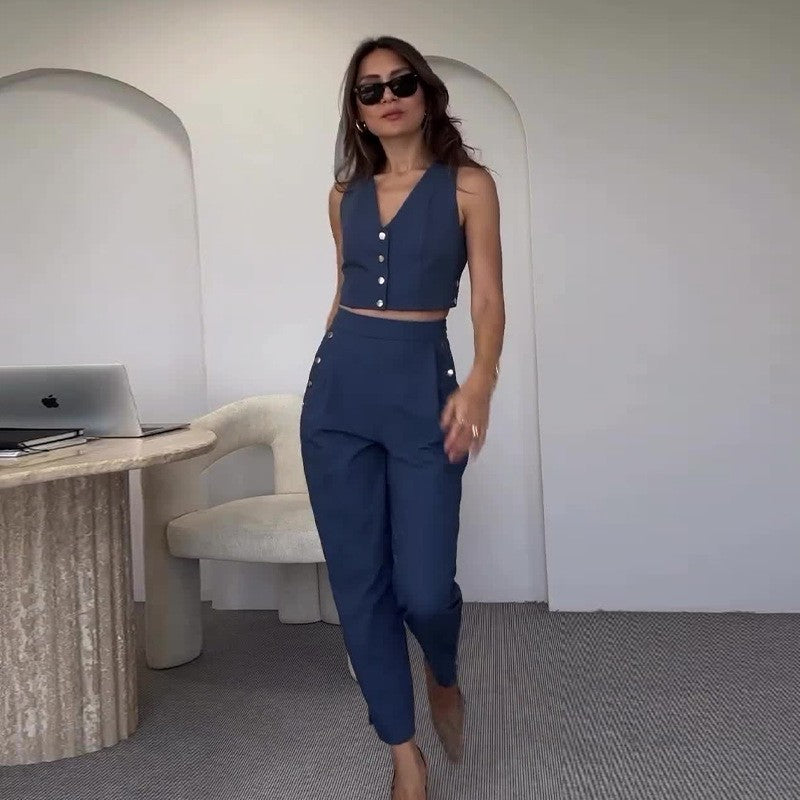 Women Casual Summer Solid Vest and Pants Two-Piece Set 12