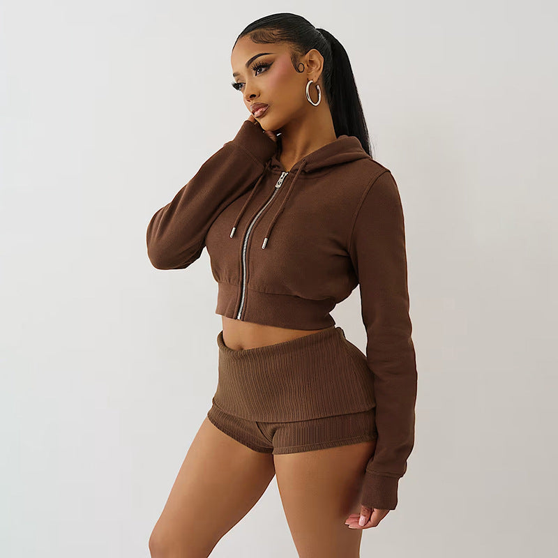 Women Fall Casual Zipper Hoodies and Fold-Up Shorts Two-Piece 11