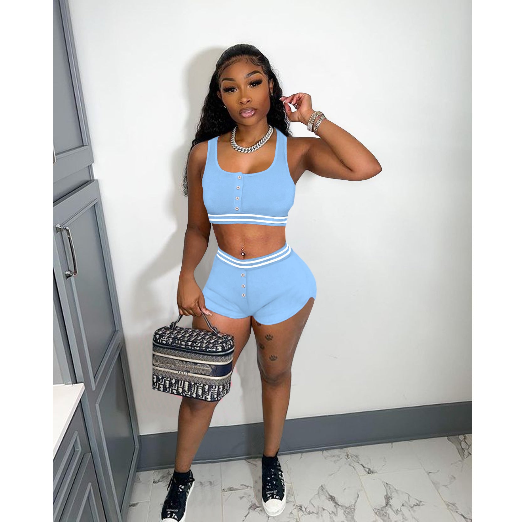 Ladies Solid Color Tank Top Shorts Sports Two Piece Set 6