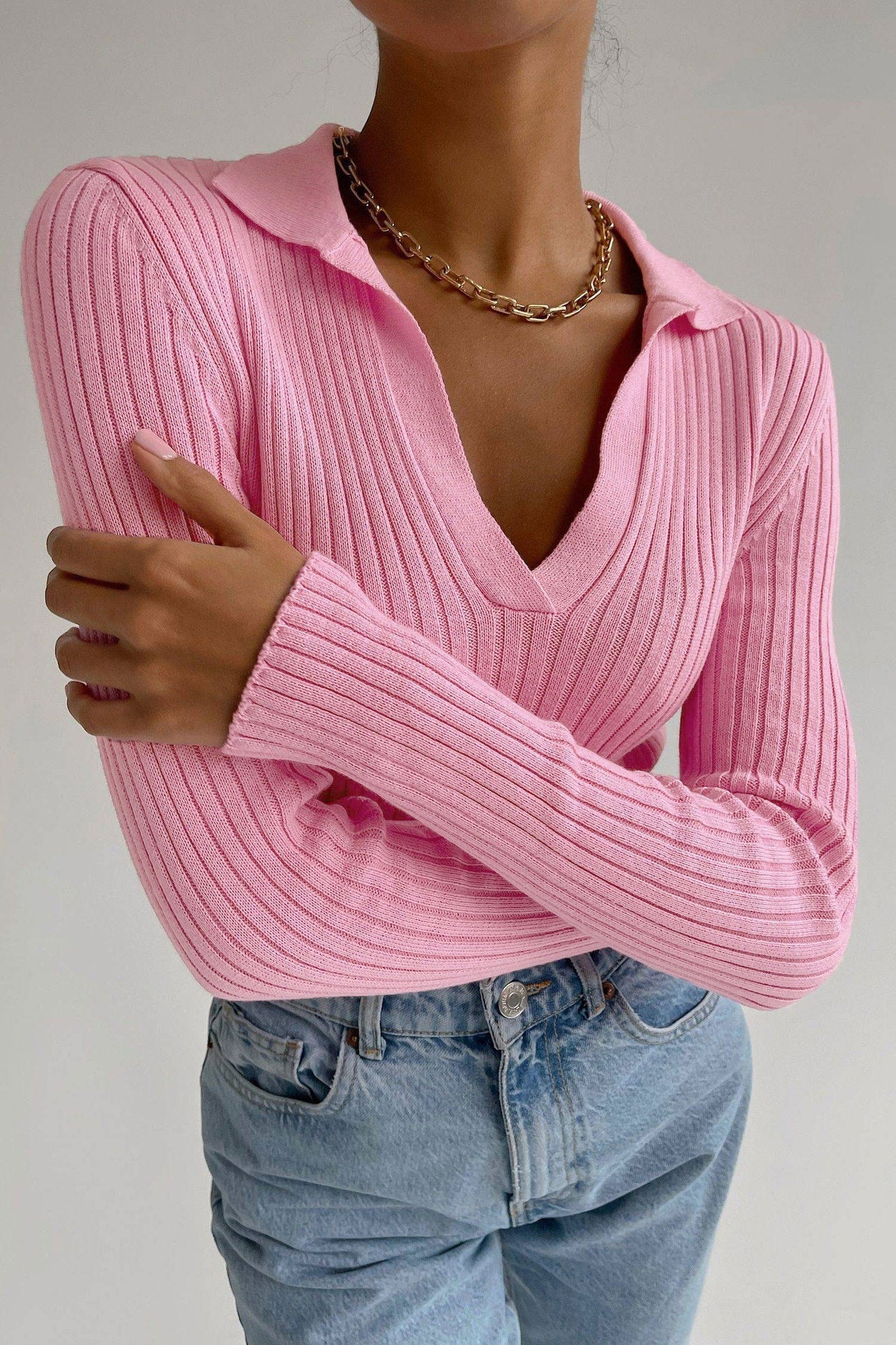 Autumn And Winter Turndown Collar V-Neck Knitting Sweater Chic Career Slim Ribbed Basic Pullover Top For Women 4