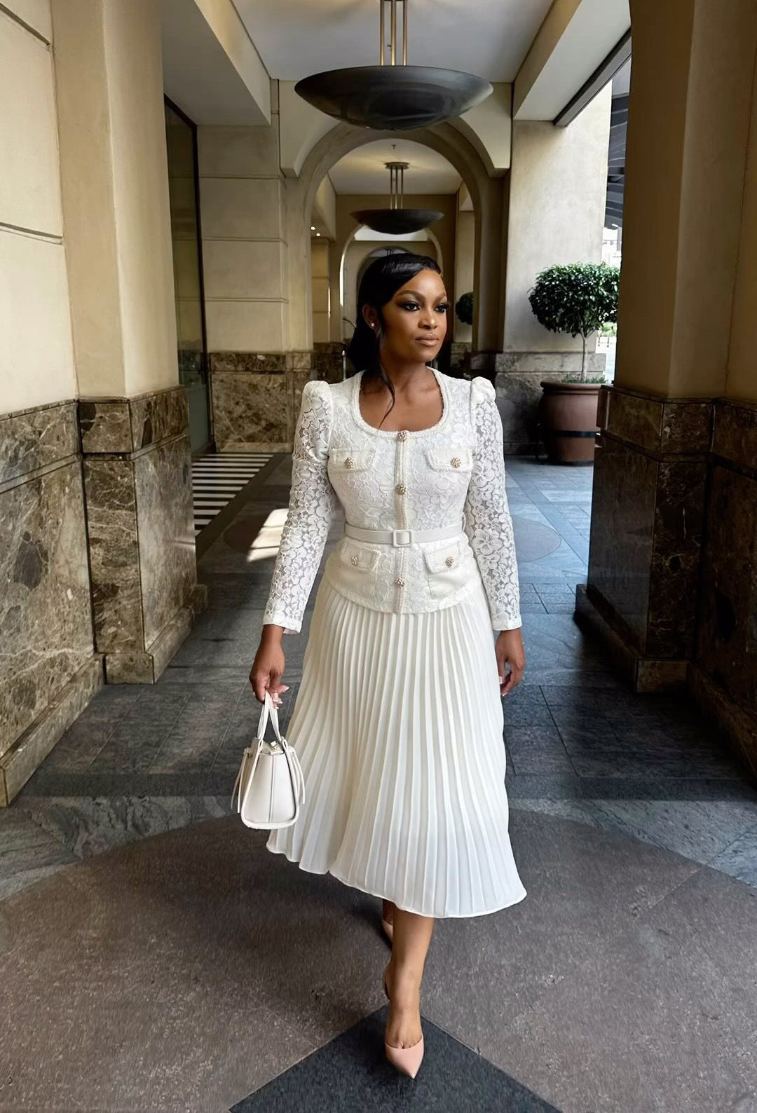 Women French Beaded Metal Button Square Collar Lace Patchwork Pleated Dress