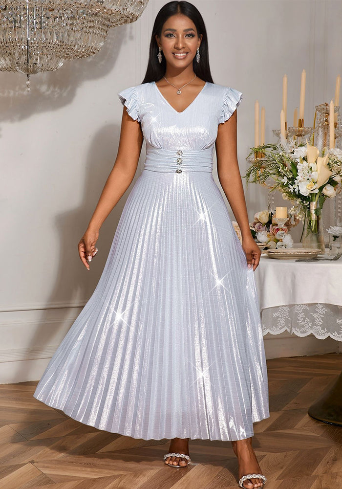 Women bridesmaid dress silver v-neck pleated elegant Formal Party Dress