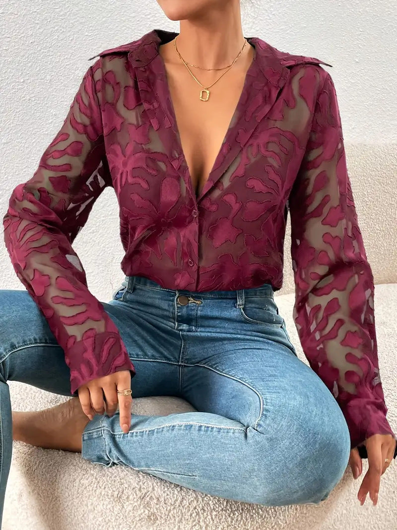 Floral Jacquard Shirt Turn-Down Collar Single-Breasted Blouse 5