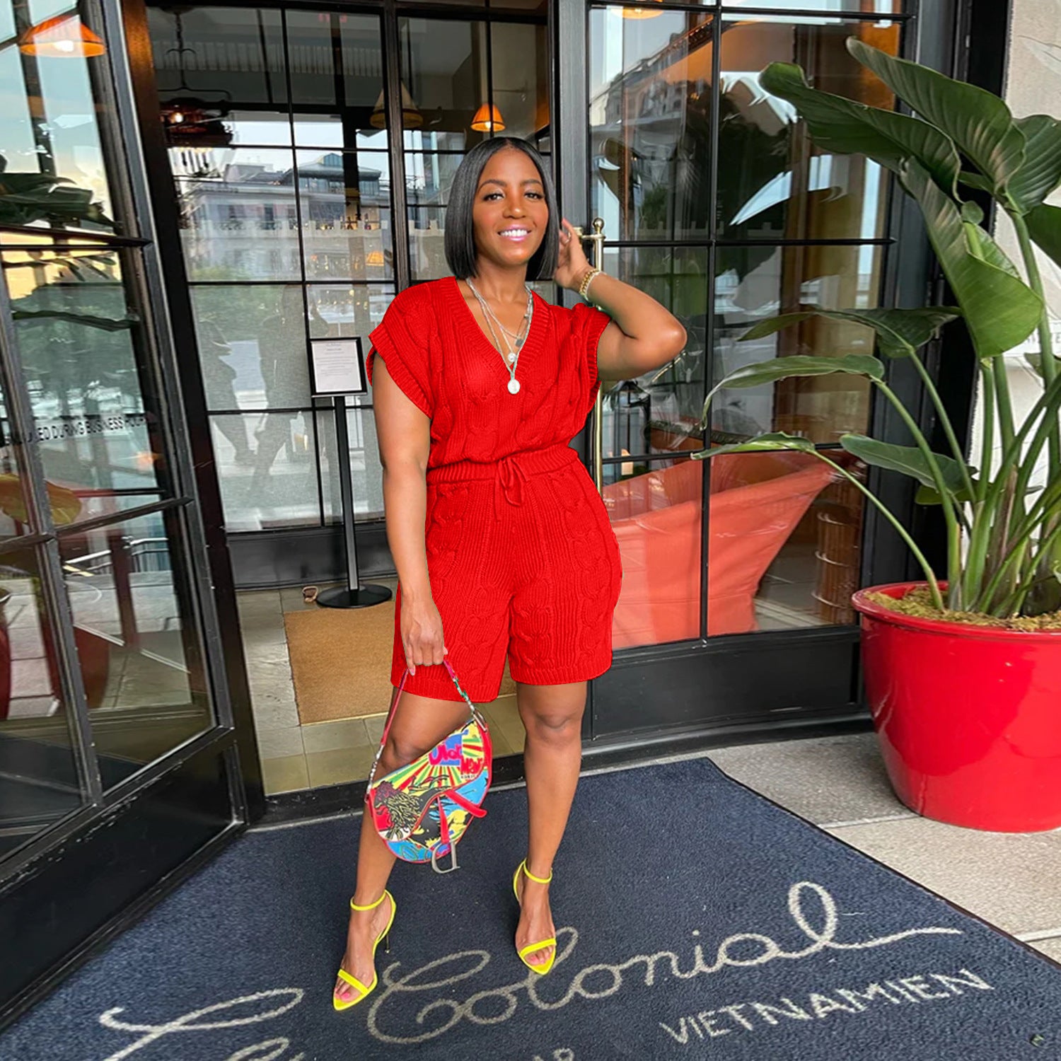 Sexy Solid Deep V Neck Sleeveless Loose Sweater Slim Shorts Two Piece Set 11