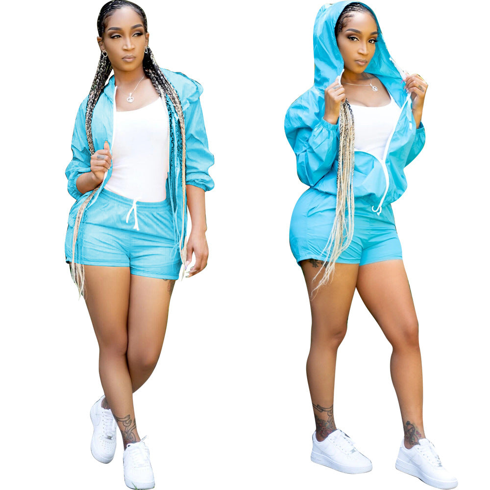 Women's Fashionable casual long sleeve sun protection Hooded Top and Shorts set 5