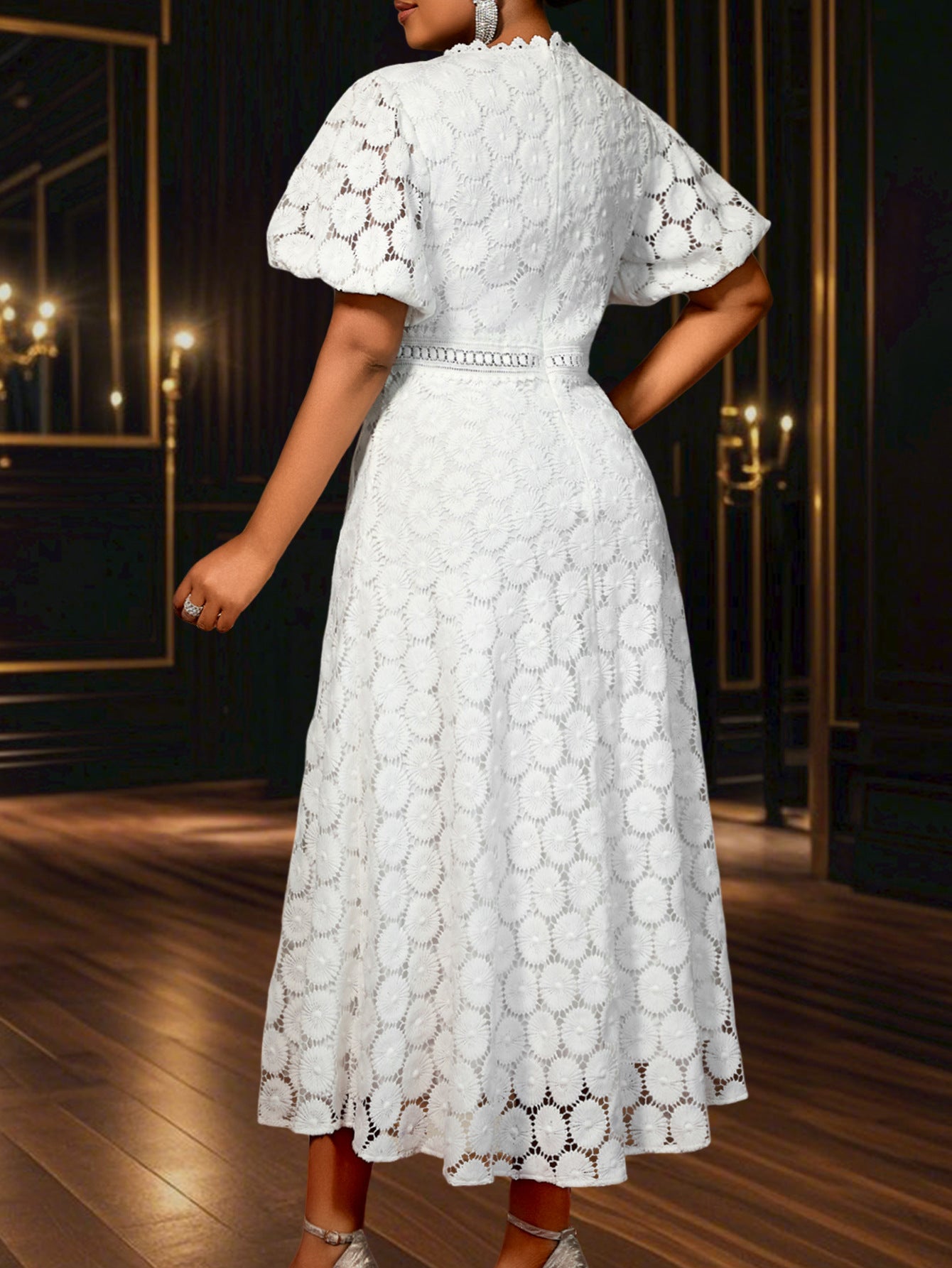Africa Plus Size Round Neck Lace Puff Sleeve High Waist A-Line Formal Party Evening Gown 3