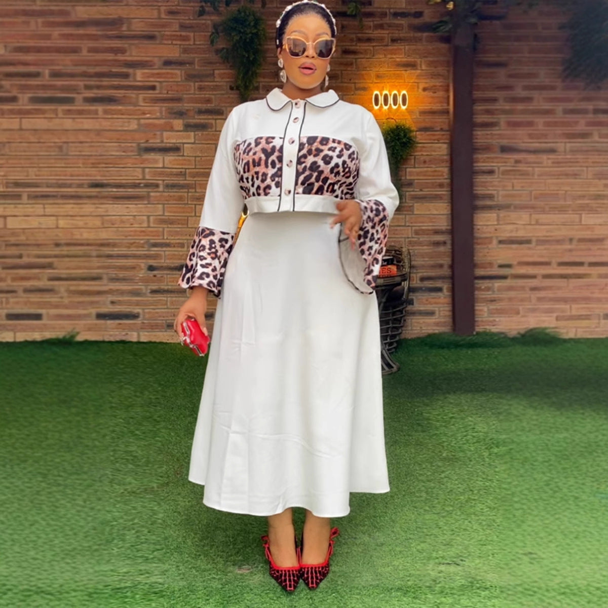 Sexy Leopard Print Patchwork Top Long Skirt Two-Piece Set