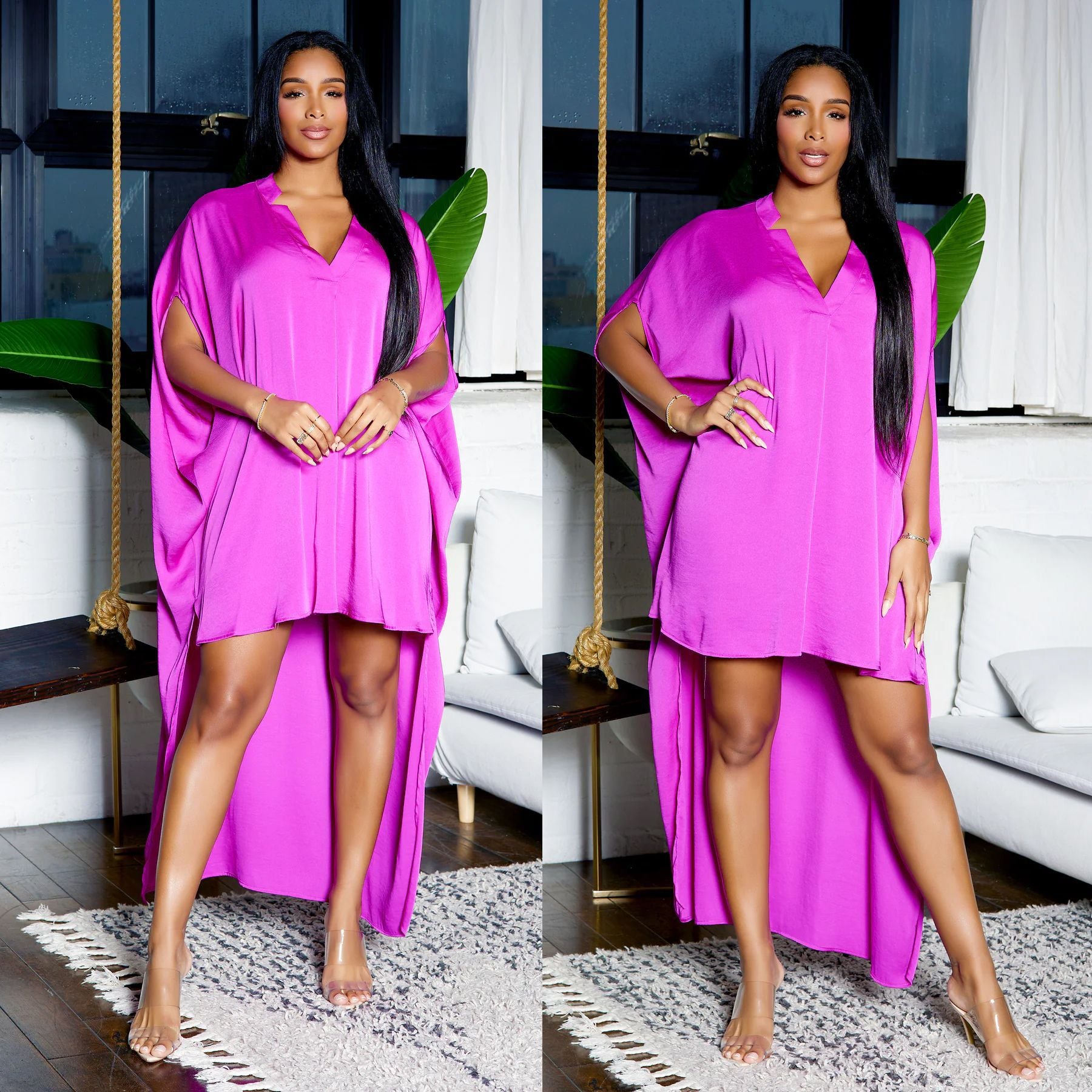 Women's Bat Sleeve V-Neck Fashion Irregular Loose Satin Dress 10