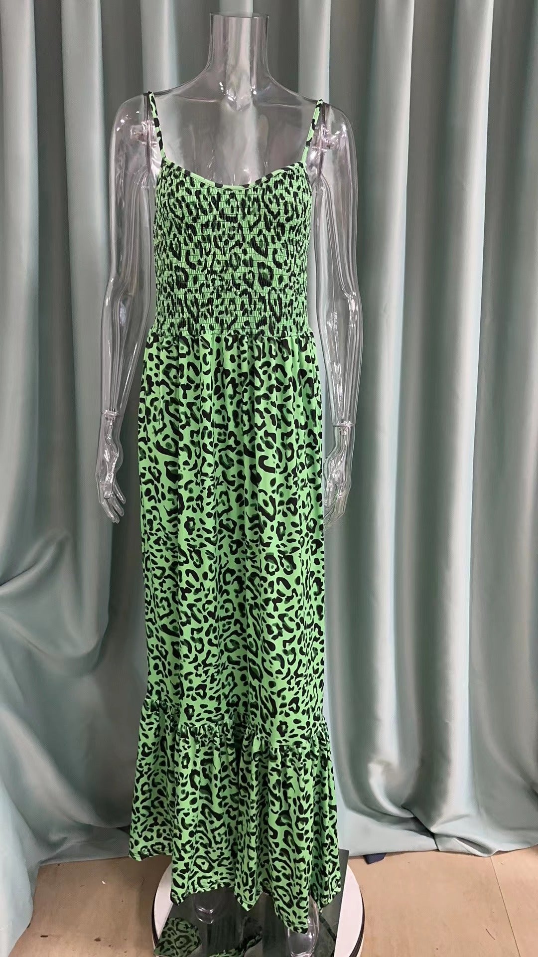 Summer Leopard Print V Neck Dress High Waist Sexy Chic Fashion Long Dress 25