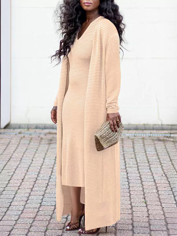 Women's Solid Color Ribbed Coat Slim V-Neck Dress Two-Piece Set 8