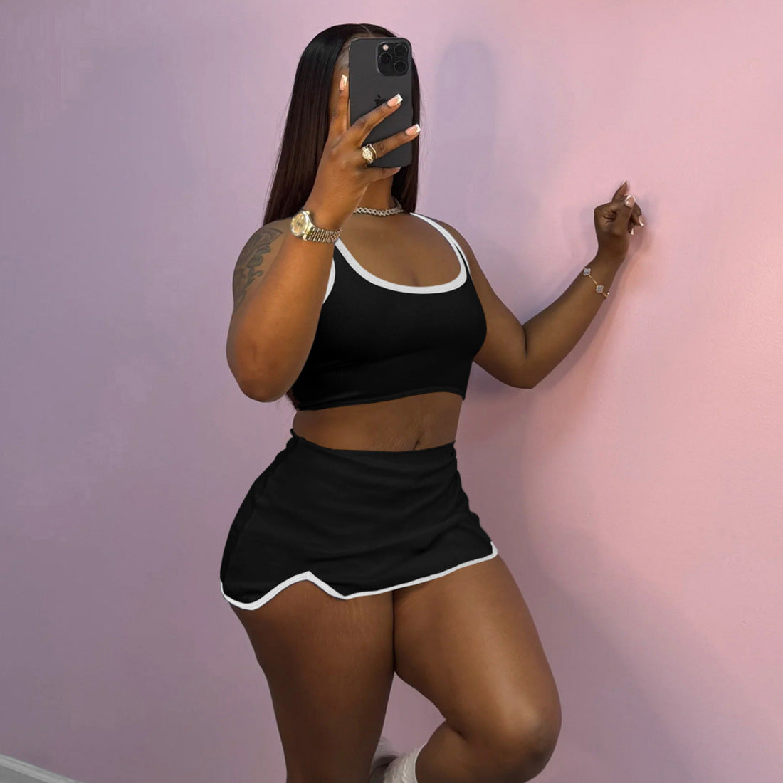 Women Fall Crop Solid Sexy Mini Dress Two-Piece Set 5