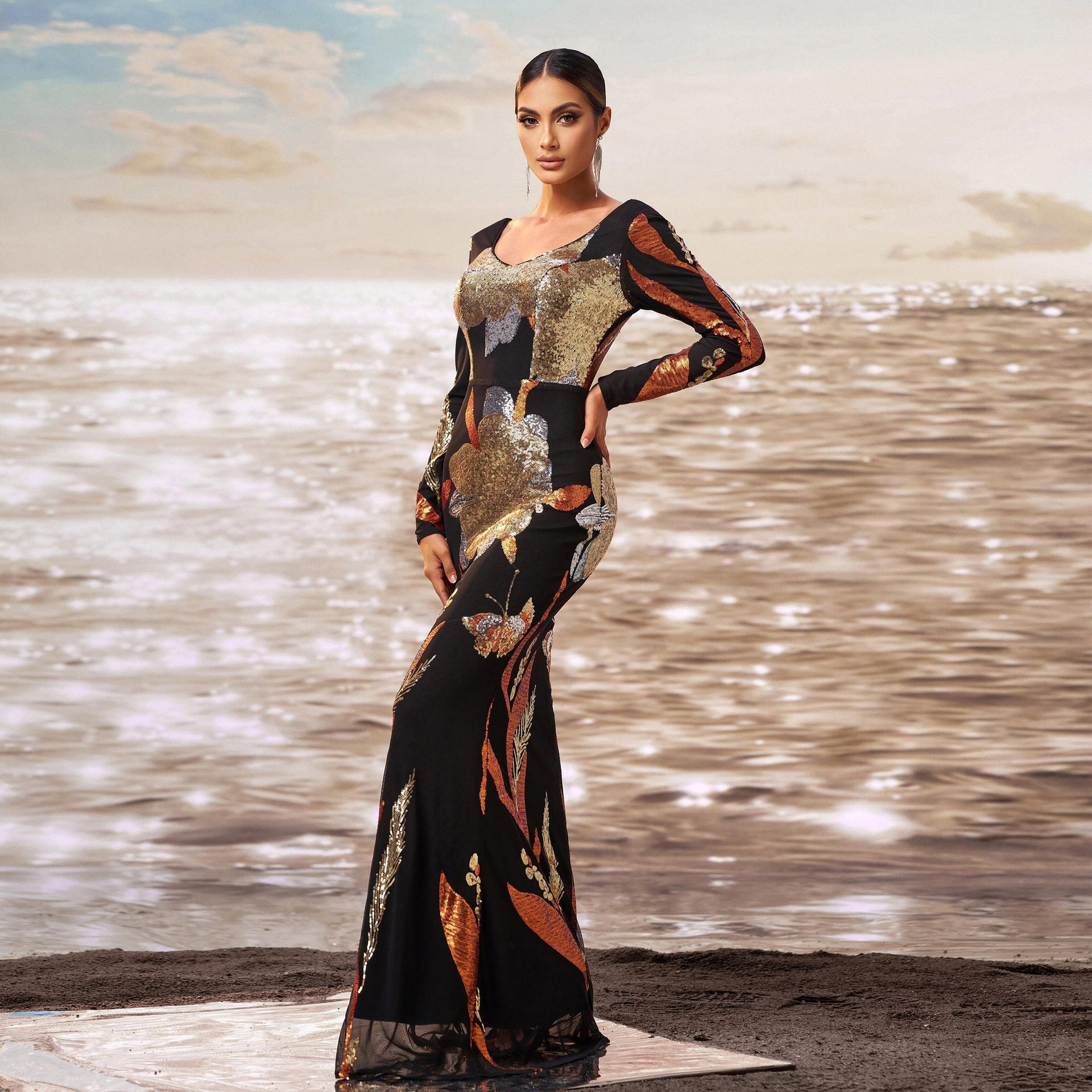 Women long sleeve v-neck Bodycon sequin Formal Party fishtail evening gown 5