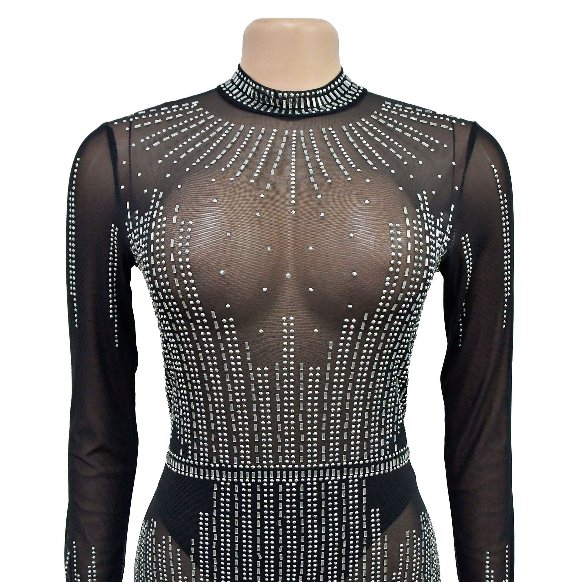 Fashion Women's Solid Color Mesh Beaded Long Sleeve Maxi Dress 14