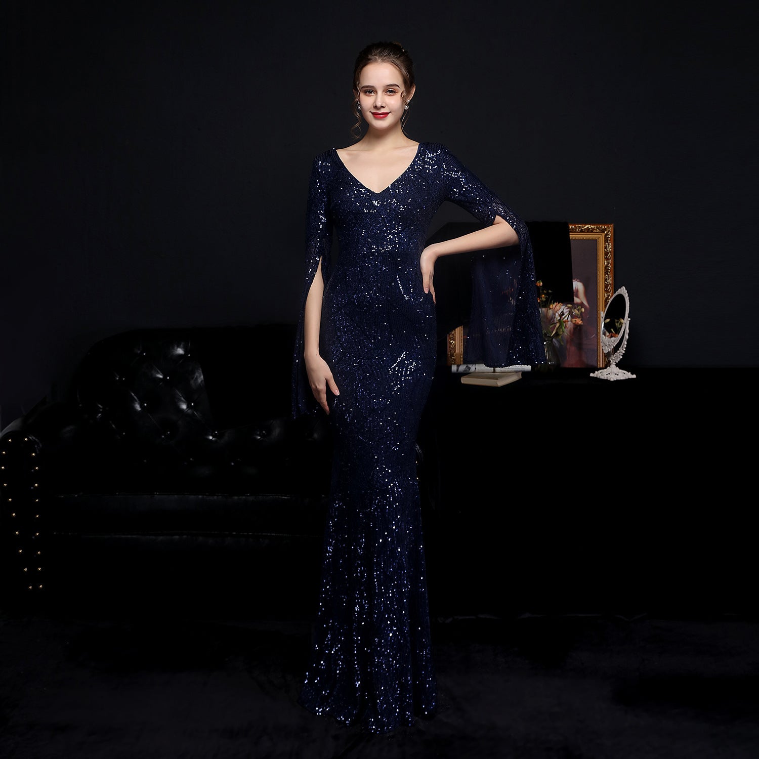 Autumn occasional sheer sequin V-Neck mermaid evening dress 5