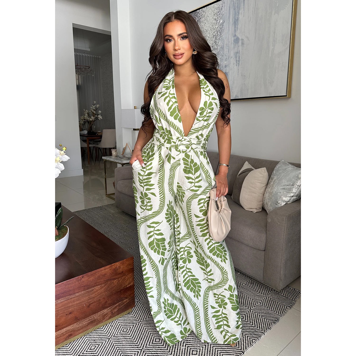 Women Casual Sexy V-Neck Backless Print Jumpsuit 8