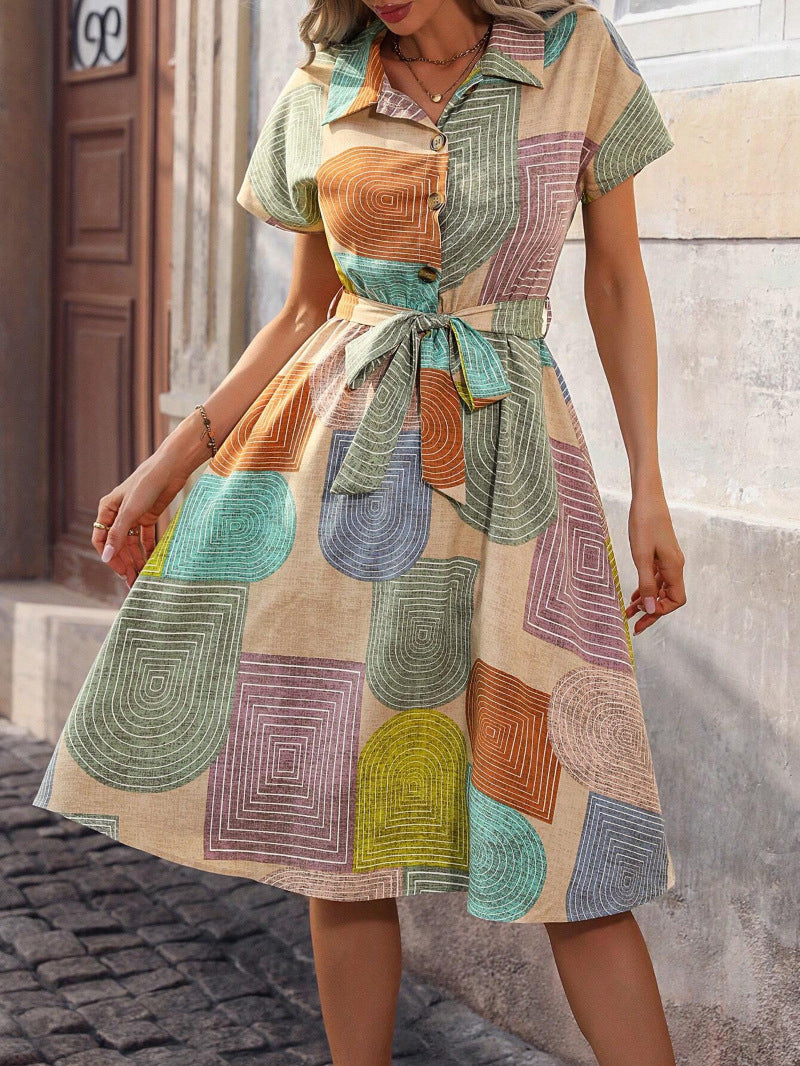 Women Geometric Pattern V-Neck Shirt Dress 3