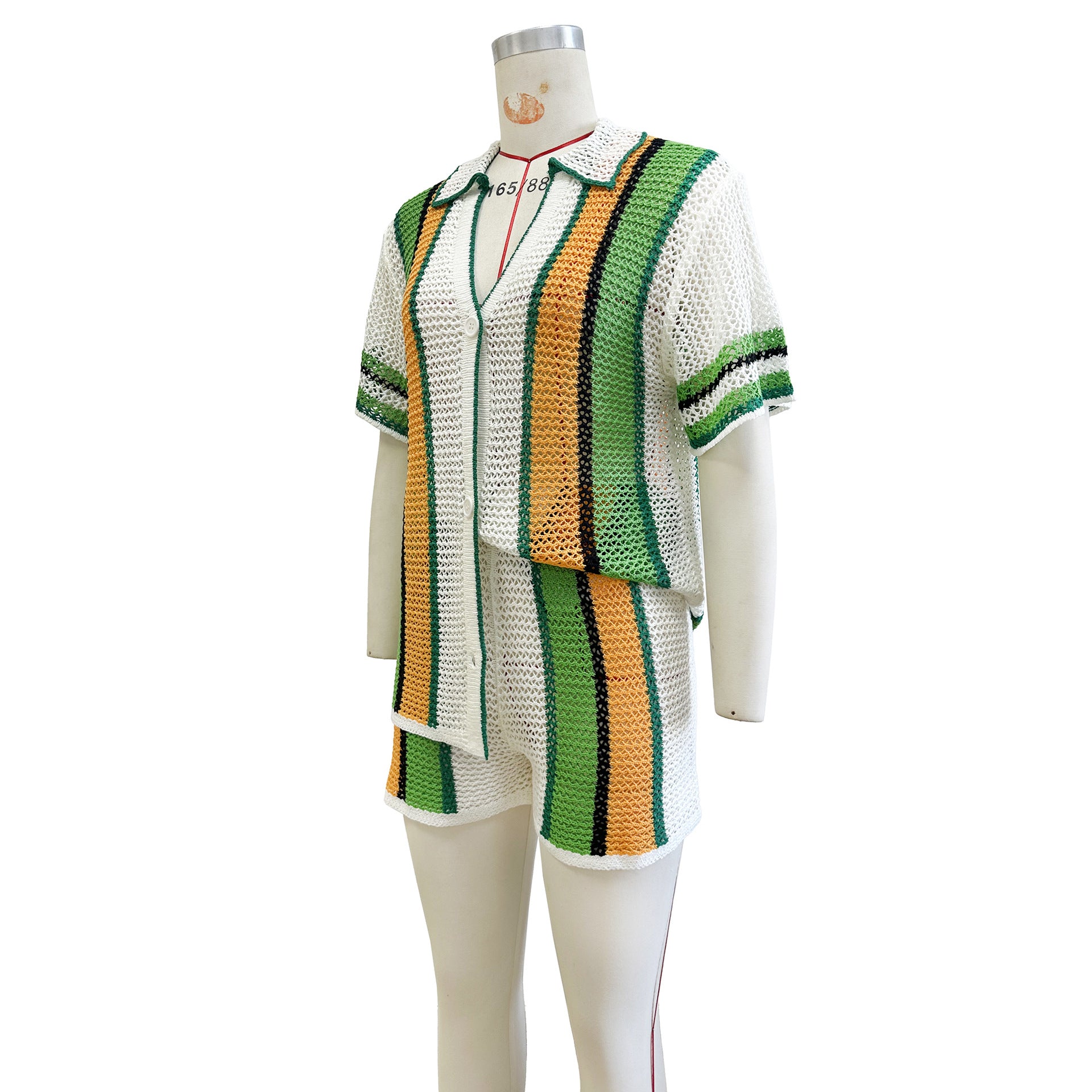 Women's Sexy Hollow Turn-Down Collar Knit Shorts Set 12