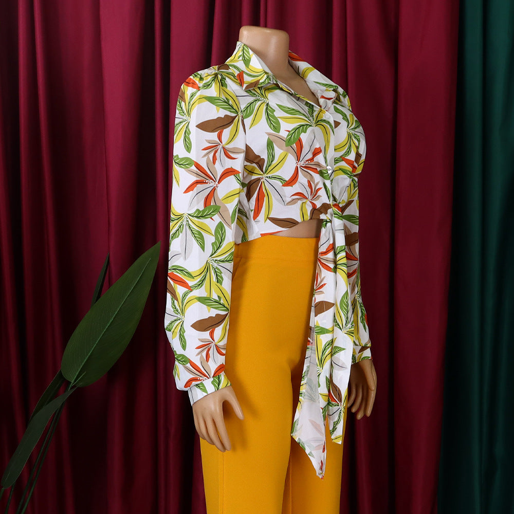 Fashionable Women's Printed Turndown Collar Lace-Up Long Sleeve Shirt 18