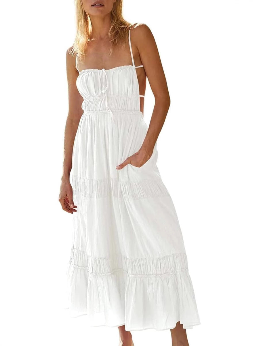Spring and Summer Fashion Sexy Pleated Low Back Strap Dress 4