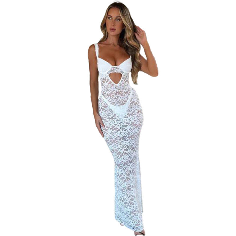 Women lace See-Through Hollow Bodycon Maxi Dress 7