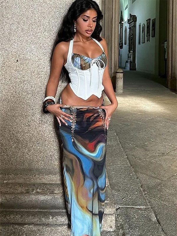 Women Printed Crop Top and Skirt Two-piece Set