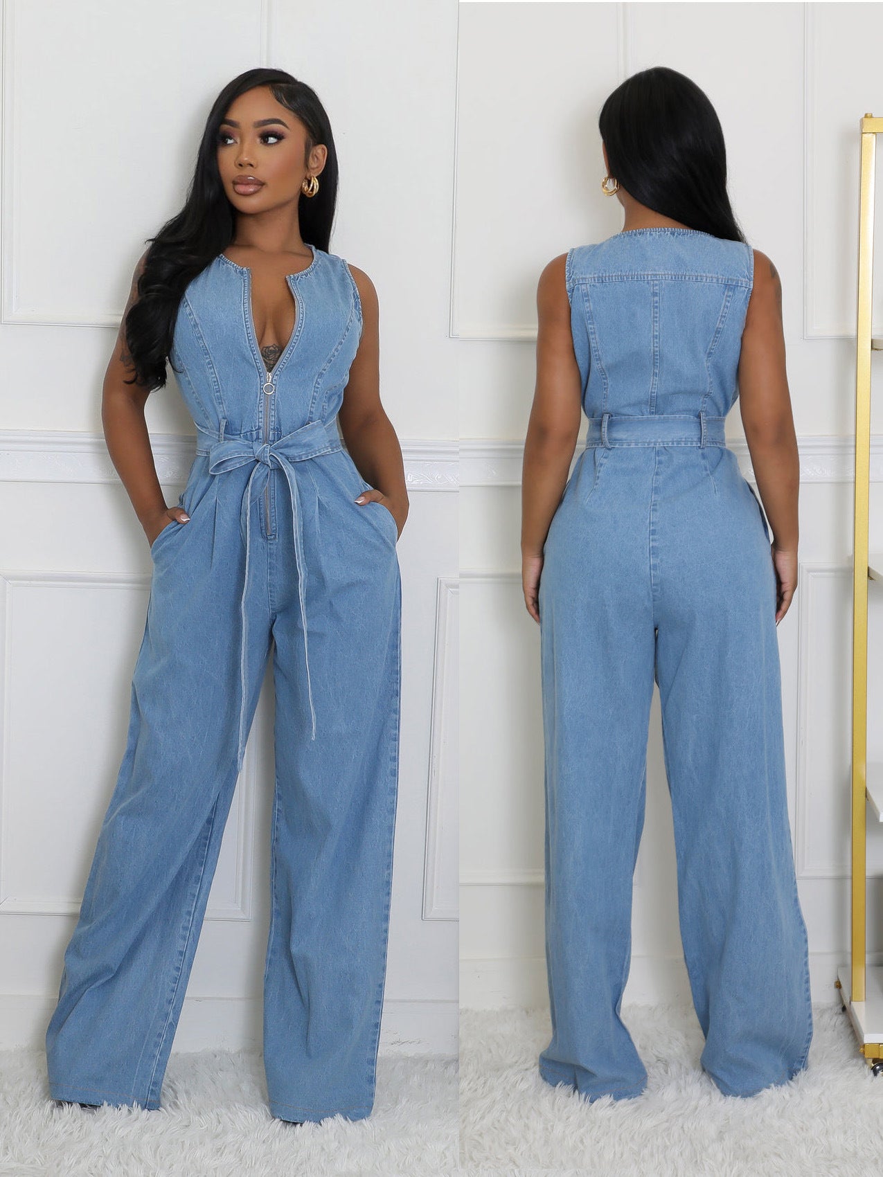 Tight Slim Elastic Waist Straight Loose Denim Jumpsuit