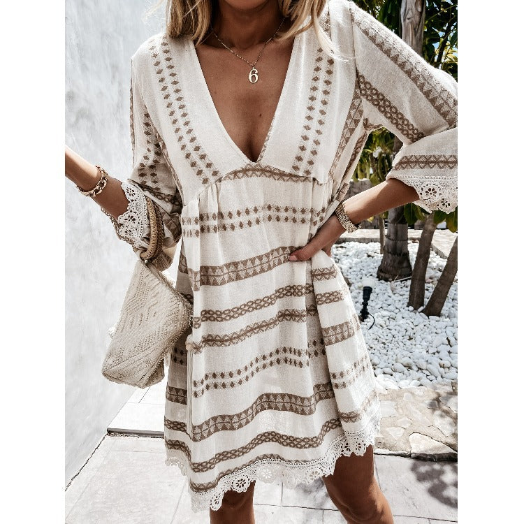 Women clothes summer V Neck lace Patchwork casual dress 7