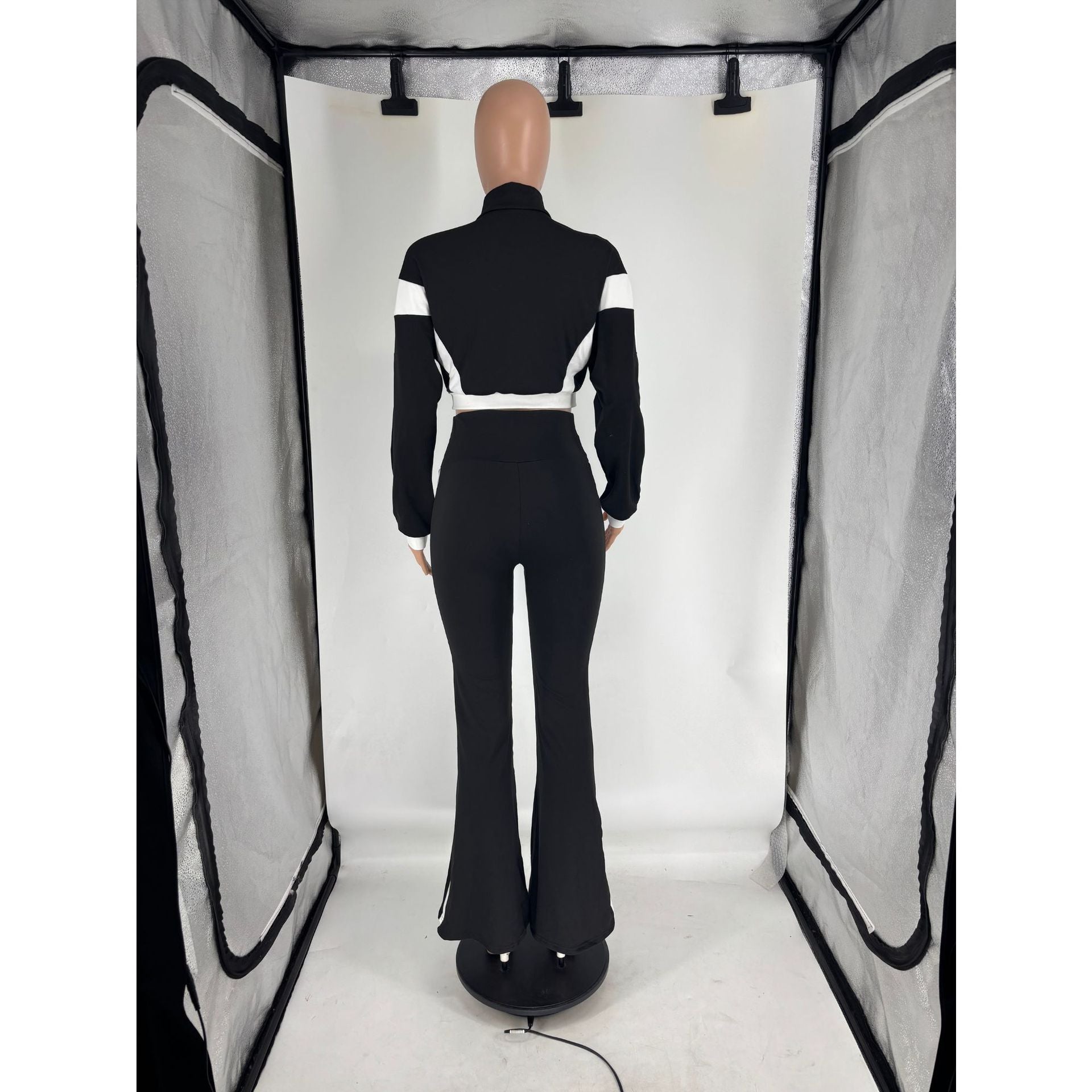 Women's Chic Casual Color-Block Long-Sleeve Zipper Top Slim Fit Bell Bottom Pants Set 20