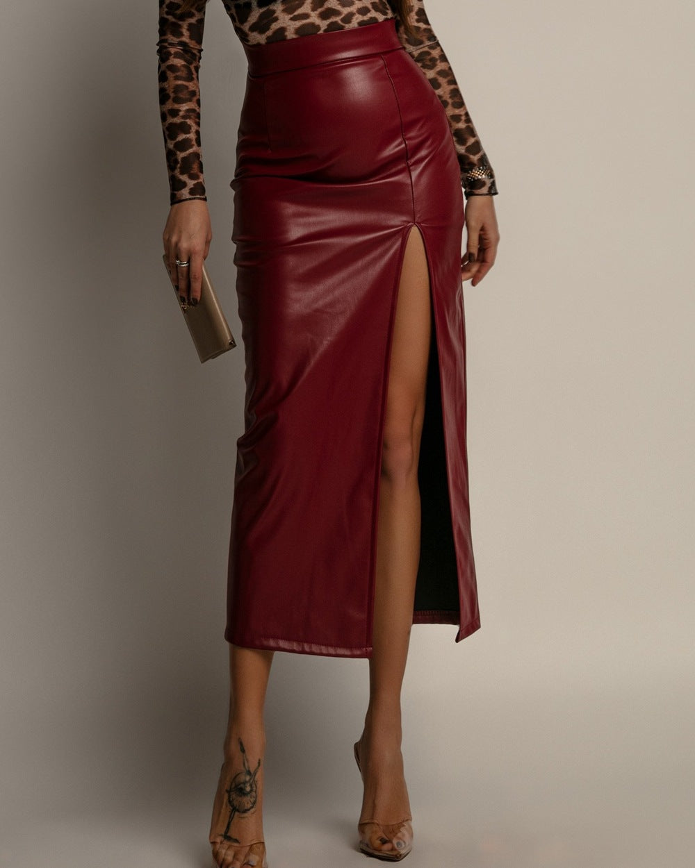 Women's Clothing Solid Color High Waist Slim Slit Leather Skirt 3