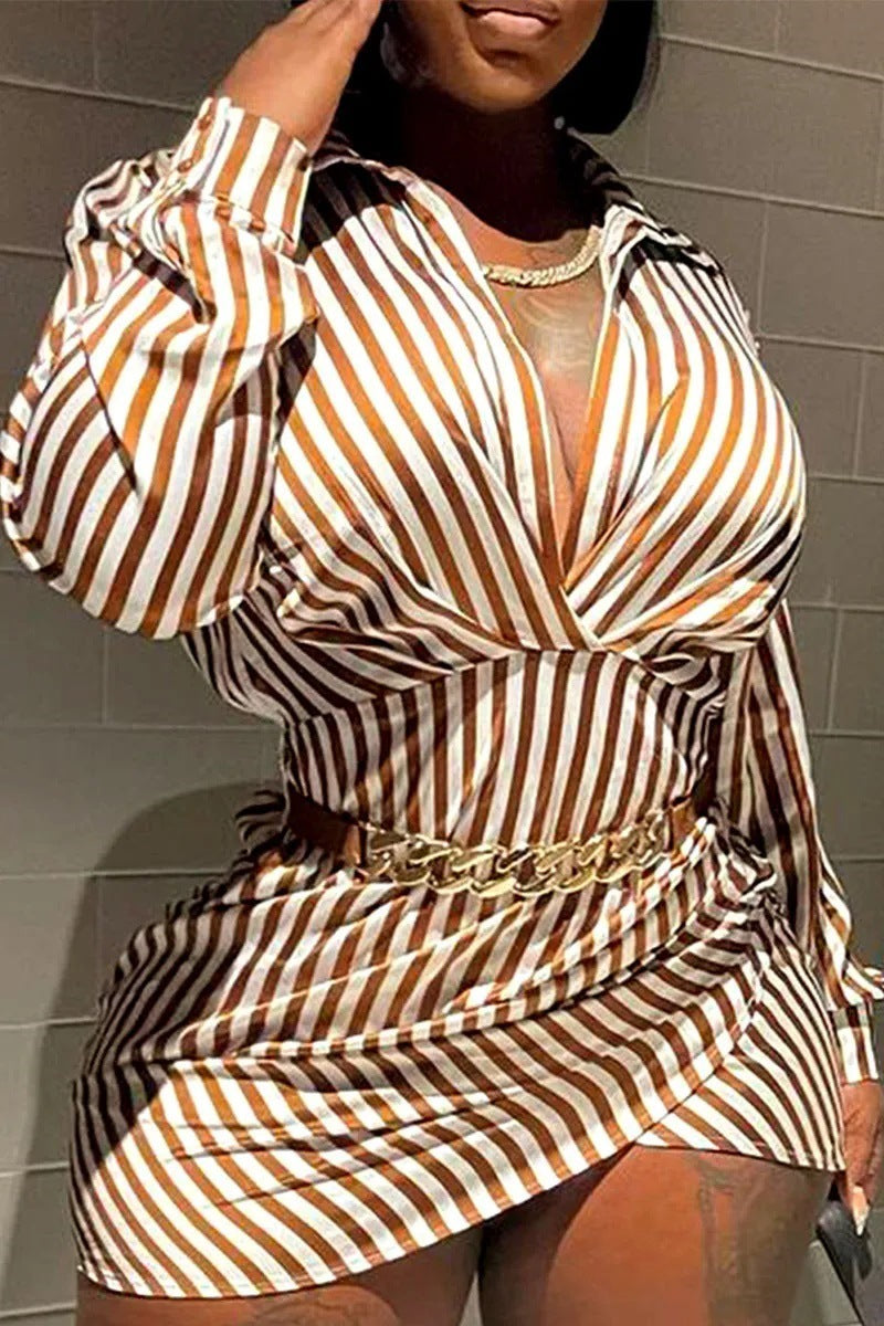 Plus Size Women Sexy Striped Shirt Dress 3