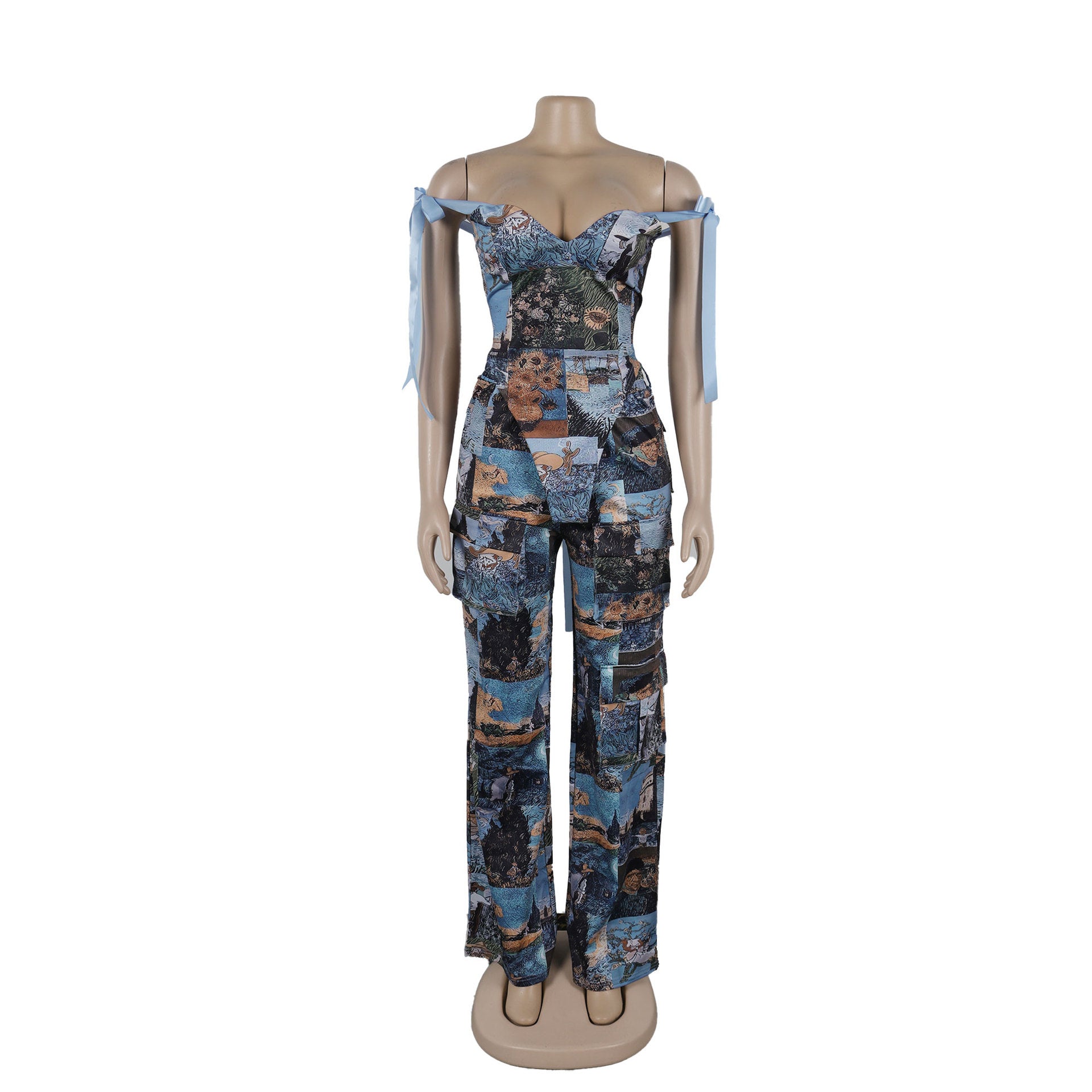Printed Lace-Up Drawstring Multi-Pocket Two Piece Pants Set 11