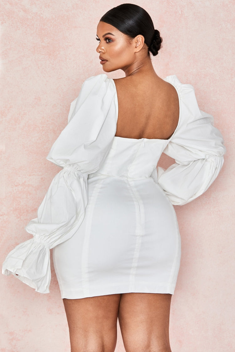 Autumn White Vintage Puff Sleeve Square Mini Dress 3