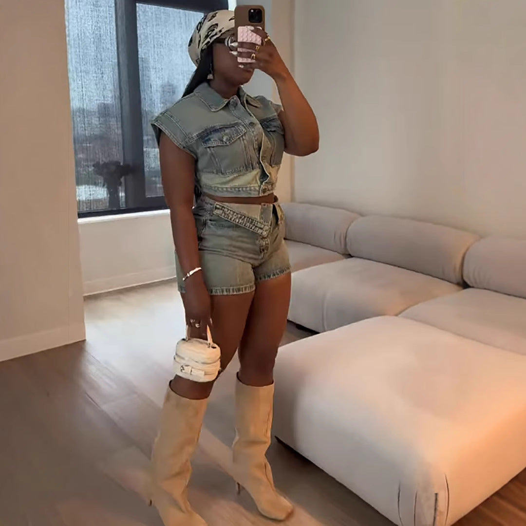 Women summer contrast color sretchy denim top and shorts two-piece set