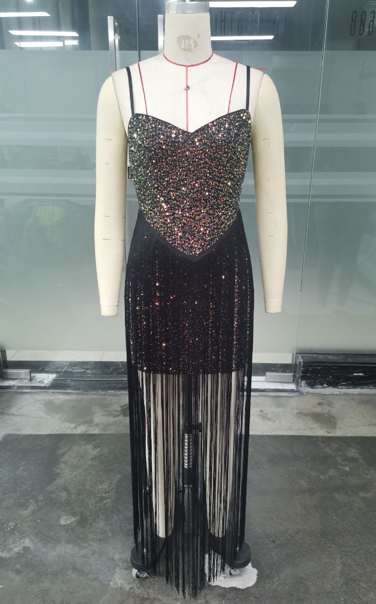 Women's Equined Straps Slim Fit Tassel Patchwork Chic Bodycon Dress 4