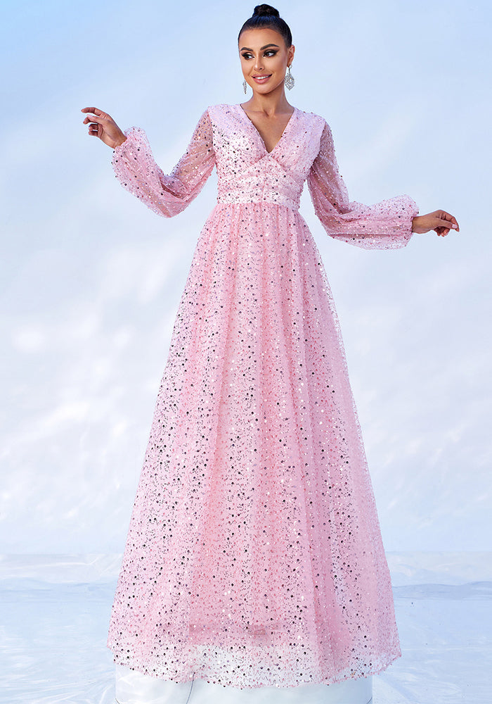 Long Sleeve V-Neck Long Sequin Formal Party Evening Dress Bridesmaid Dress