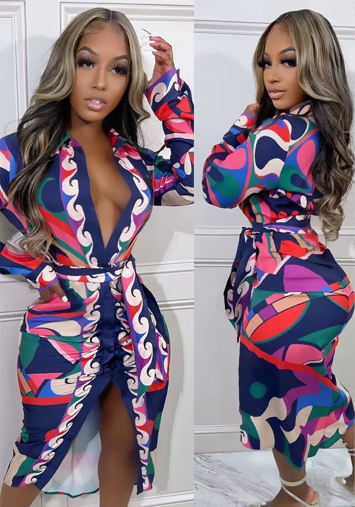 Women's Chic Career Long Sleeve Printed Slim Waist Casual Shirt Dress with Belt