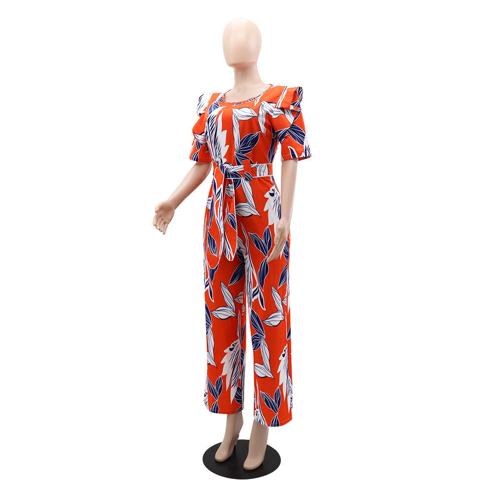 Women Printed Patchwork Irregular Short Sleeve Tie Jumpsuit 10