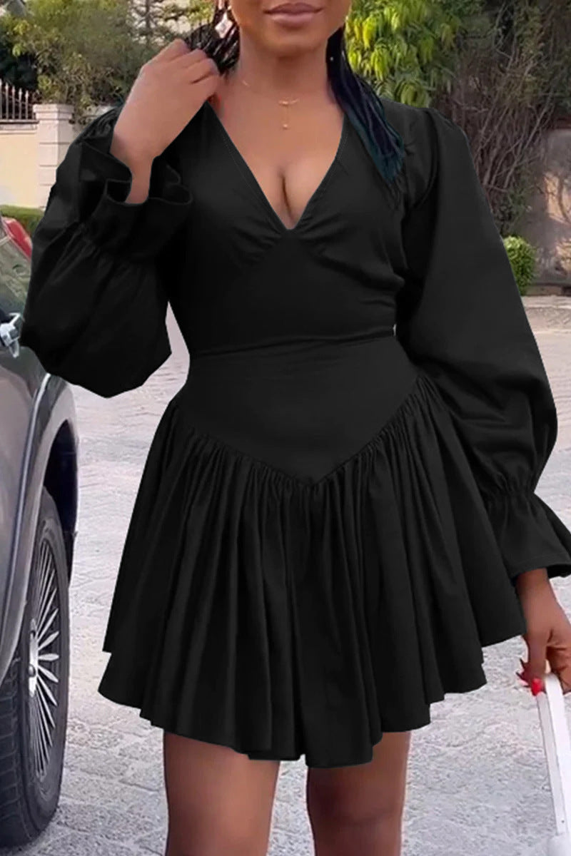 Women V-Neck Ruffle Sleeve Elegant Pleated Dress 3