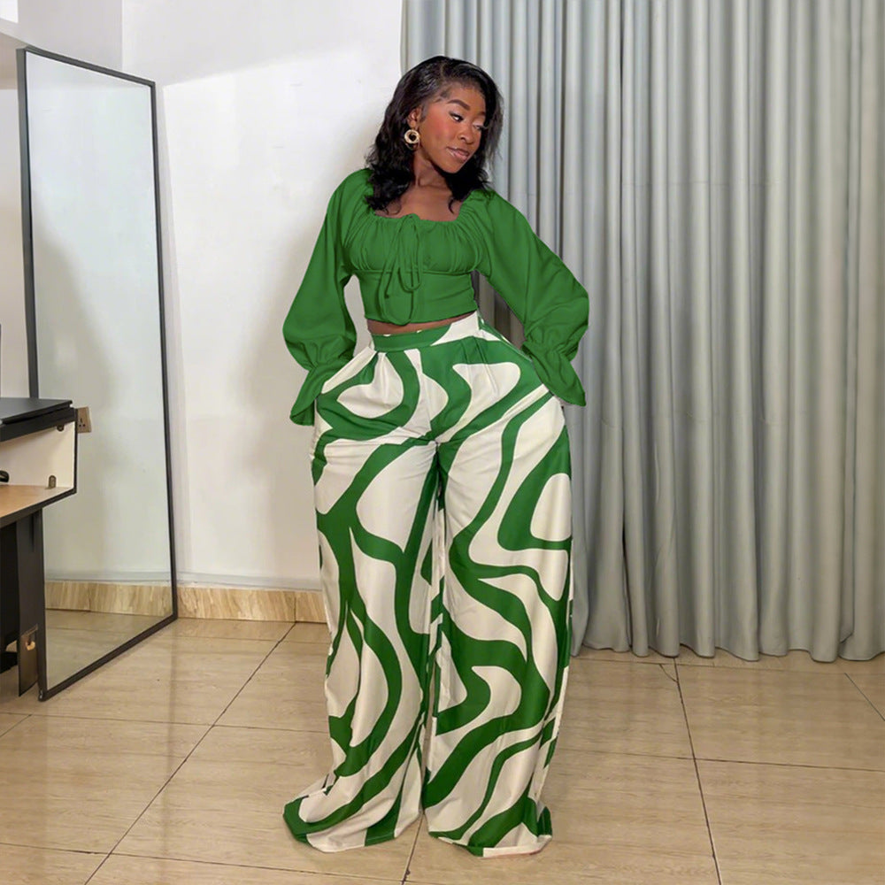 Long Sleeve Top with Loose Printed Wide-Leg Pants  Casual & Comfortable Two-Piece Set