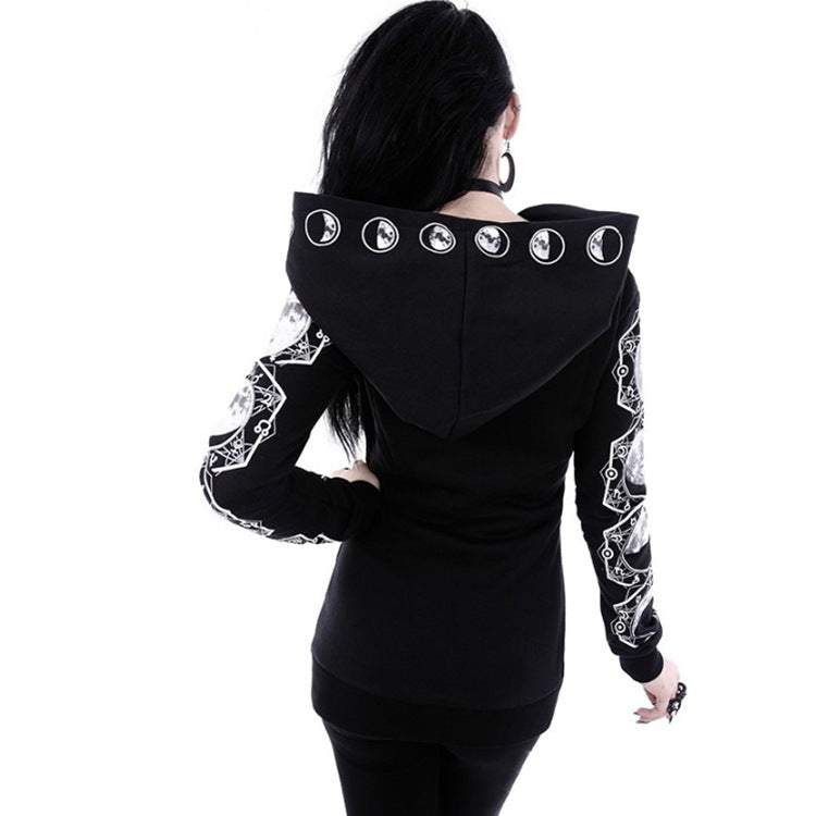 Women Black Punk Peng Hooded Moon Print Long Sleeve Top 6