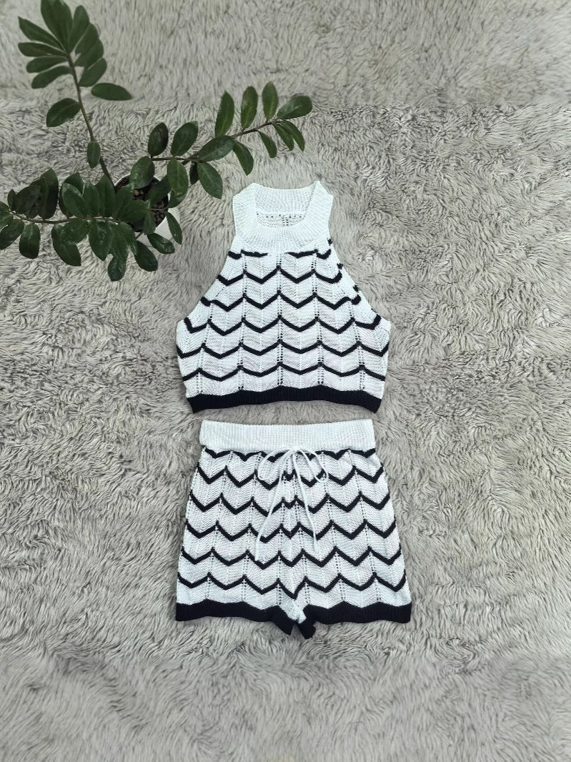 Women Fashion Casual Stripes Halter Neck Knitting Tank Shorts Set 5