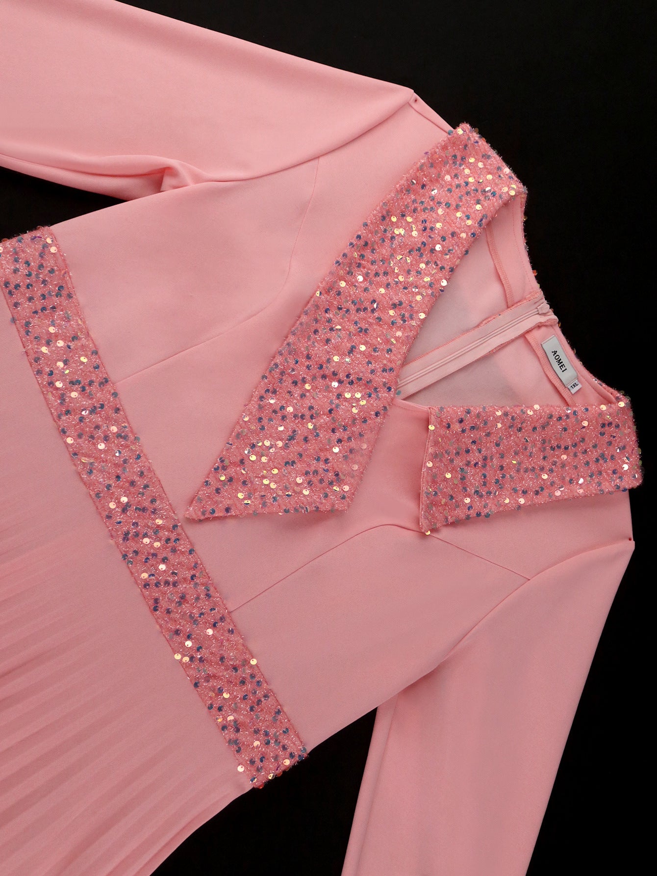 Women pink sequined v-neck pleated party dress 14