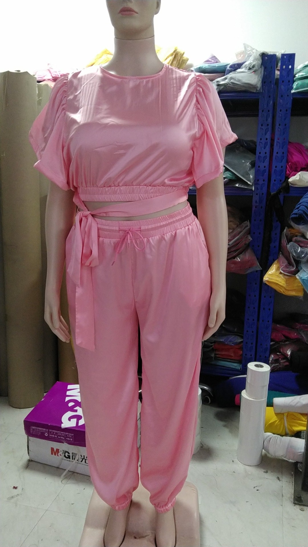 Women Ruffle Edge Sleeve Lace-Up Top and Elastic Pants Two-piece Set 23