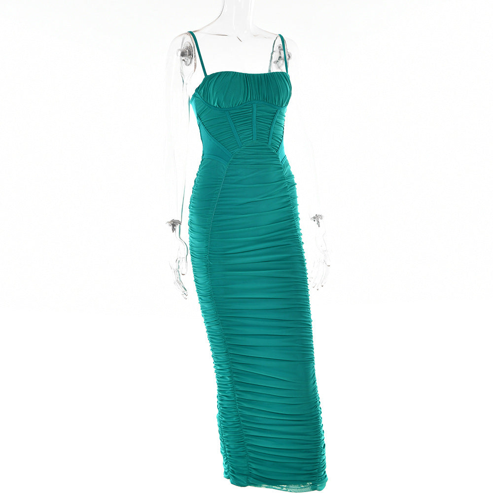 Strap Dress Women'S Fall Sexy Low Back Tight Fitting Chic Slim Waist Pleated Long Dress 14