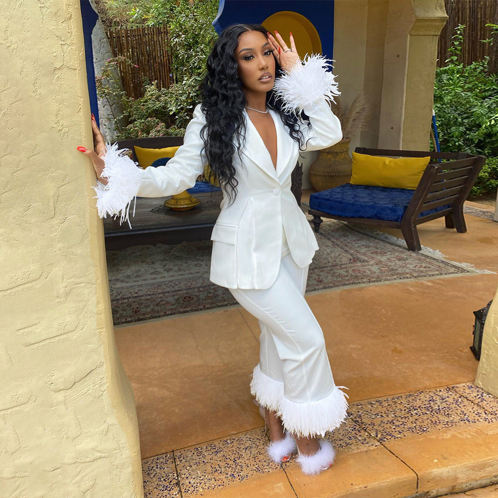 Women's Fashion Two-piece Blazer and Pants Suits with Feather 6