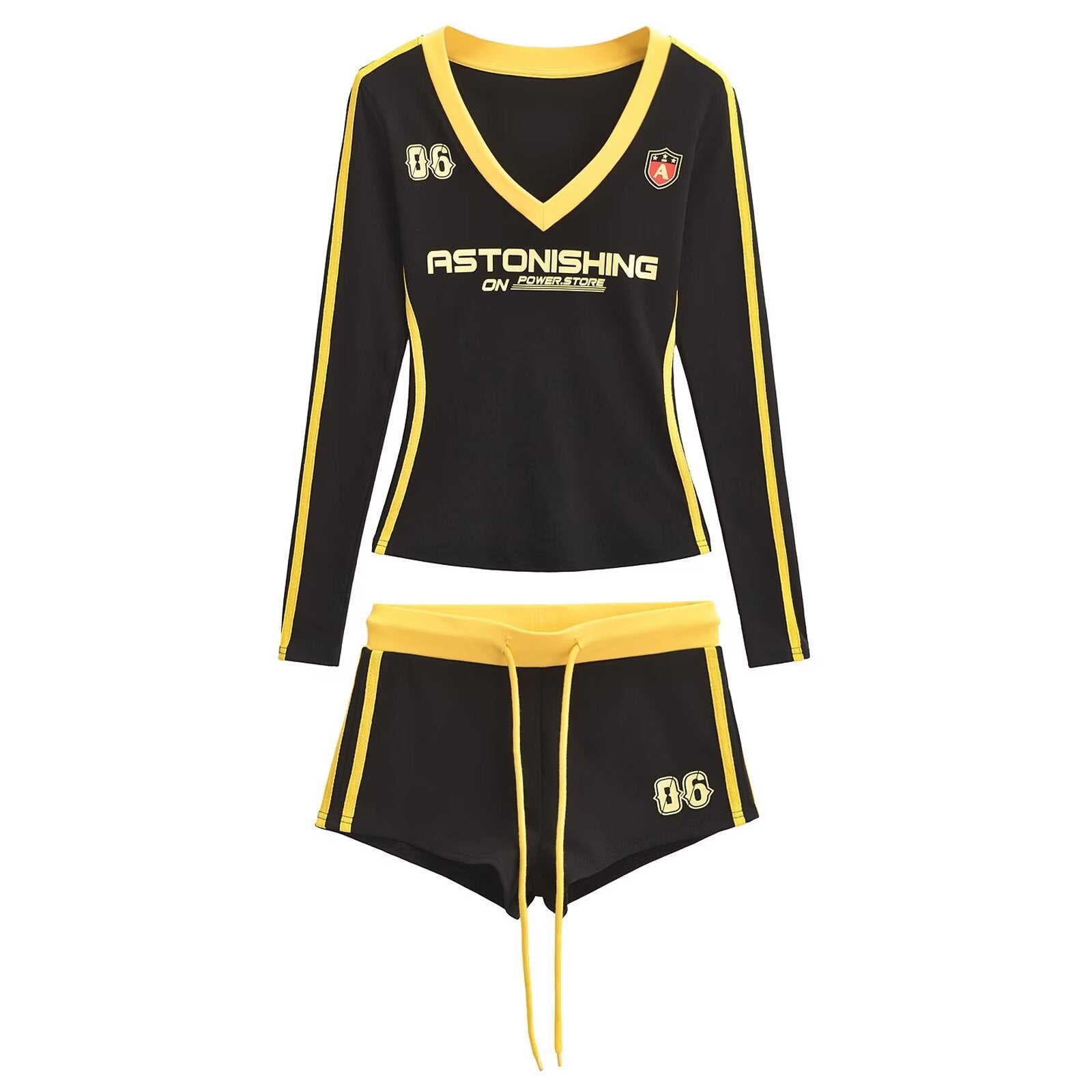 Women American Retro V-neck Contrast Print Long-sleeved T-shirt Sports Shorts Two Piece Set