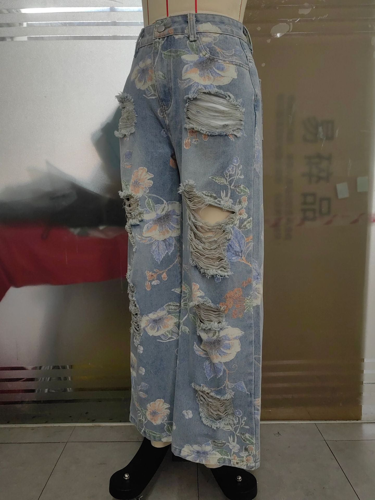 Spring Floral Print Ripped High Waist Loose Straight Denim Pants 7