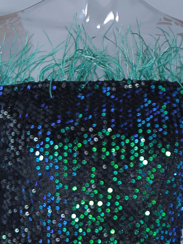 Sequin Mermaid Evening Dress Female Feather Off Shoulder Long Sleeve Formal Party Long Dress 11