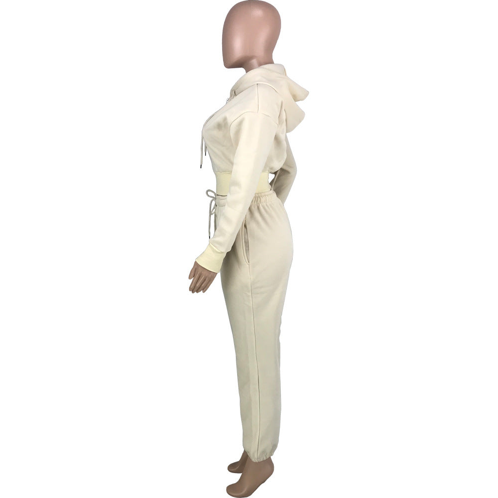 Women Solid Patchwork Ribbed Hooded Zipper Pocket Loose Jacket and Pants Two-piece Set 13